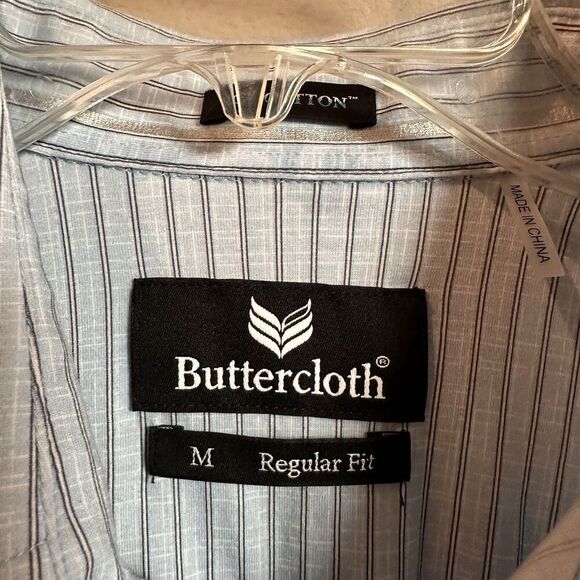 Butter Cloth Button Up Shirt Icy Cotton Blue Striped Long Sleeve Stretch Medium - Picture 2 of 5